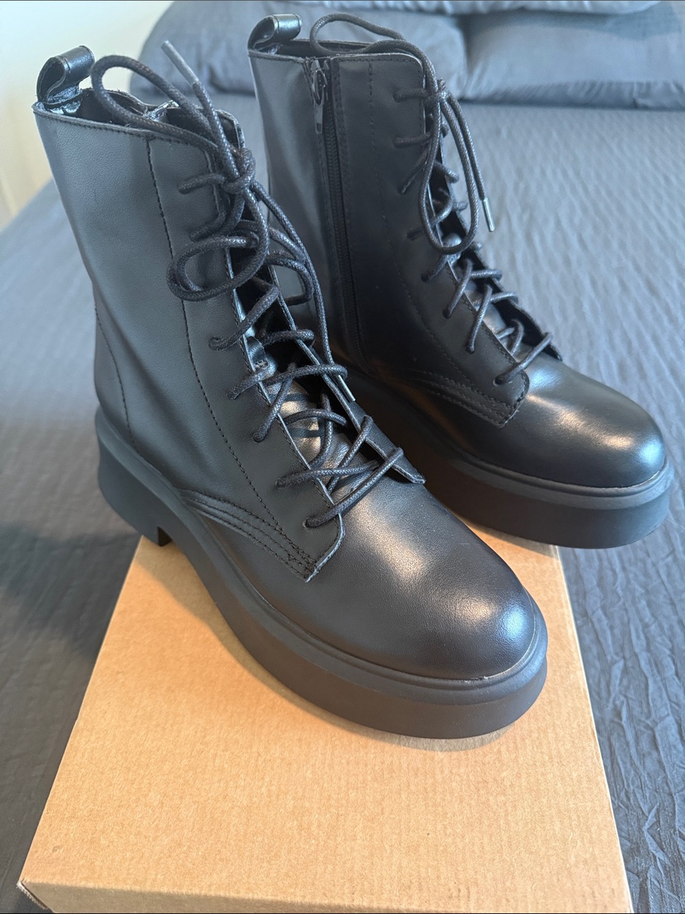 Steve Madden - Women's Black Lace-Up Platform Combat Boots with Side Zip